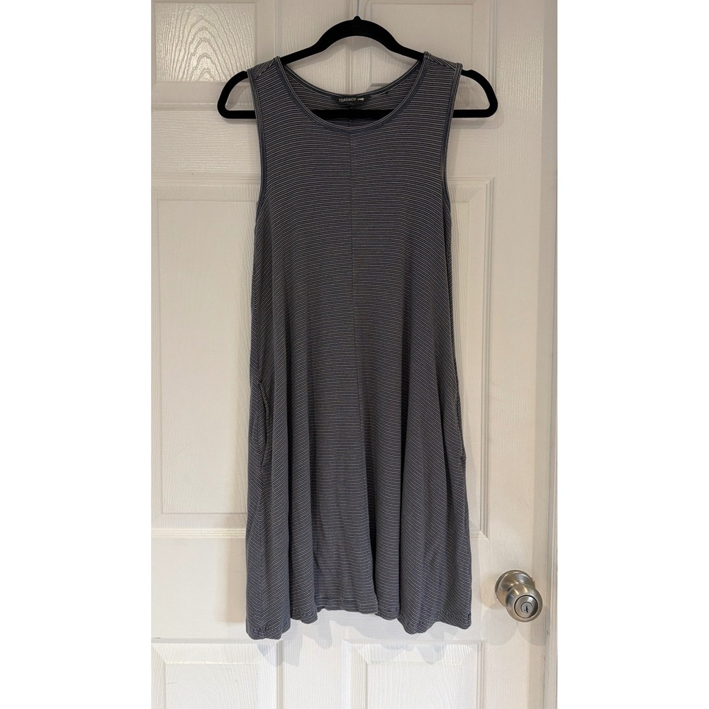 Toad&Co Womens Daisy Rib Dress Medium Blue Striped Sleeveless Swing Pocket